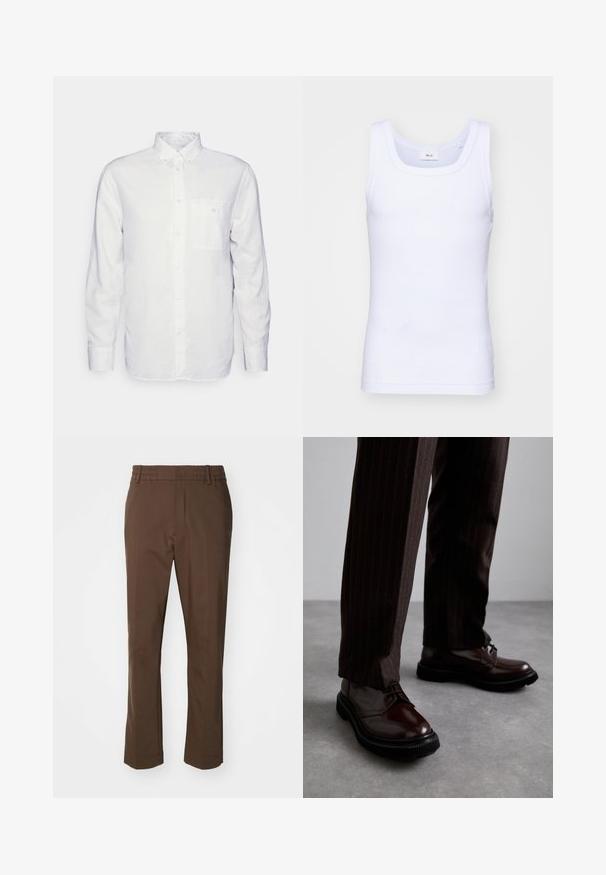 Long-sleeve white shirt made of cotton, featuring a button-down collar, front pocket, and regular fit. Textured fabric with a smooth surface.; White cotton sleeveless tank top with a round neckline, featuring a smooth texture and a fitting shape, designed for casual wear.; NN.07 BILLIE - Trousers - brown; Brown leather lace-up shoes with a glossy finish, black rubber sole, and subtle stitching. Worn with pinstriped brown trousers.