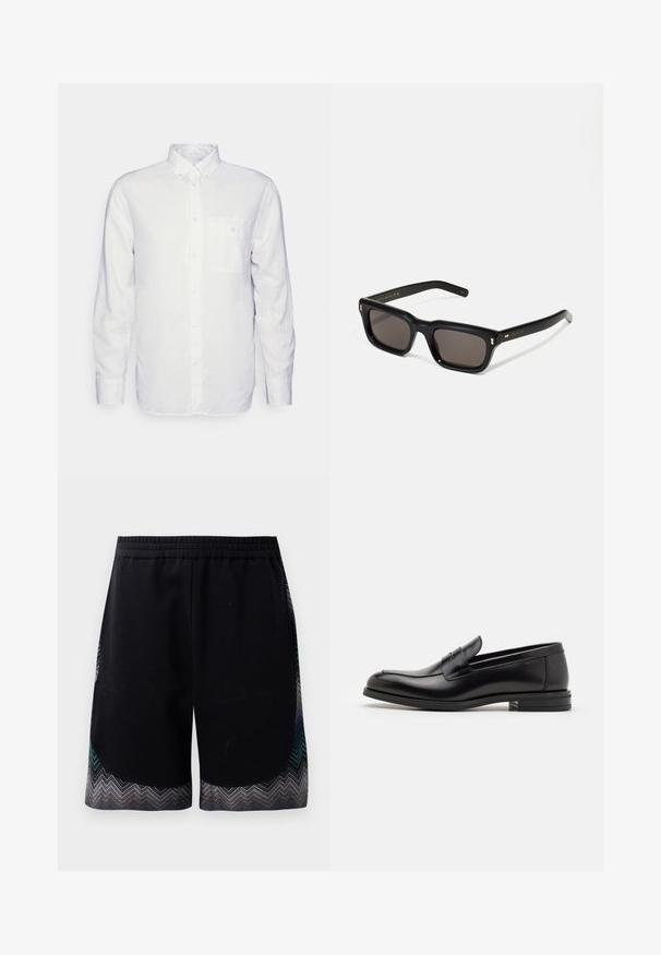 Biela košeľa s dlhými rukávmi vyrobená z bavlny, s golierom na gombíky, prednou vreckom a klasickým strihom. Textúrovaná látka so hladkým povrchom.; Čierne športové šortky s elastickým pásom a rezervným lemom so zigzag vzorom v odtieňoch tyrkysovej, šedej a čiernej. Materiál vyzerá mäkko a je ľahký.; Čierne kožené mokasíny s hladkou textúrou, zaoblenou špičkou a dekoračným pásikom cez priehlavok. Nízky vrstvený opätok, minimalistický dizajn.; Čierne obdĺžnikové slnečné okuliare s tmavými sklami, hrubým plastovým rámom, zlatými detailami na spánkoch a vygravírovaným logom značky na ramene.