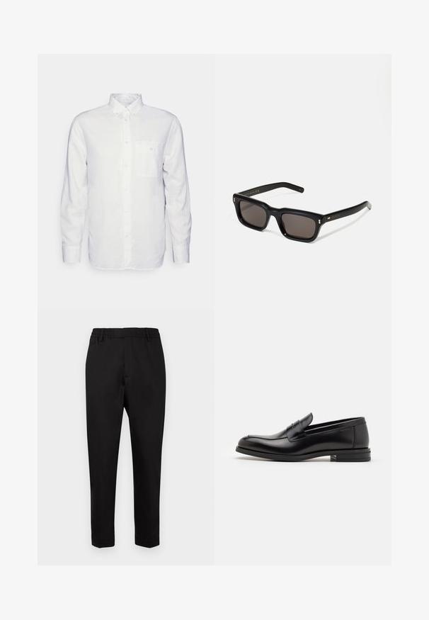 Witte longsleeve shirt van katoen, met een button-down kraag, een voorzak en een regular fit. Textuurstof met een gladde oppervlakte.; Zwarte broek met een elastische tailleband, taps toelopende pijpen en een gladde textuur. Bevat minimale naden zonder zichtbare hardware of accenten.; Zwarte leren instappers met een gladde textuur, ronde neus en een decoratieve band over de wreef. Lage, gestapelde hak en minimalistisch ontwerp.; Zwarte rechthoekige zonnebril met donkere lenzen, een dik plastic montuur, gouden accenten op de veren en het merkembleem gegraveerd op de arm.