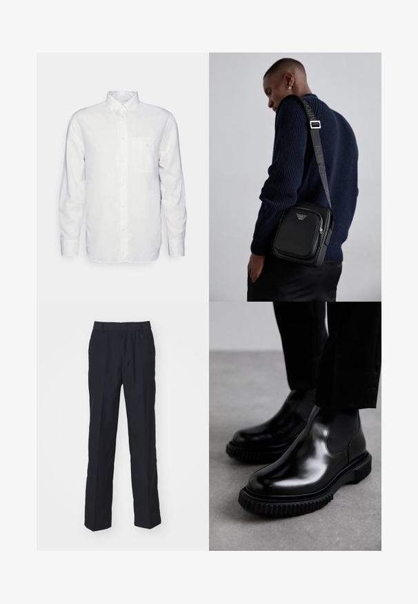 Cămașă albă cu mânecă lungă, confecționată din bumbac, având un guler cu nasturi, un buzunar în față și o croială normală. Material texturat cu o suprafață netedă.; Pantaloni bleumarin dintr-un material ușor, cu un design drept, talie elastică și fără buzunare sau modele vizibile.; Bocanci chelsea din piele neagră cu un finisaj neted, panouri elastice pe laterale și o talpă din cauciuc texturat, groasă, cu un model de banda de rulare robust.; Geantă crossbody din piele neagră, cu un compartiment cu fermoar, detaliu cu logo și o curea ajustabilă cu marcă. Pură împotriva unui pulover texturat de culoare bleumarin.
