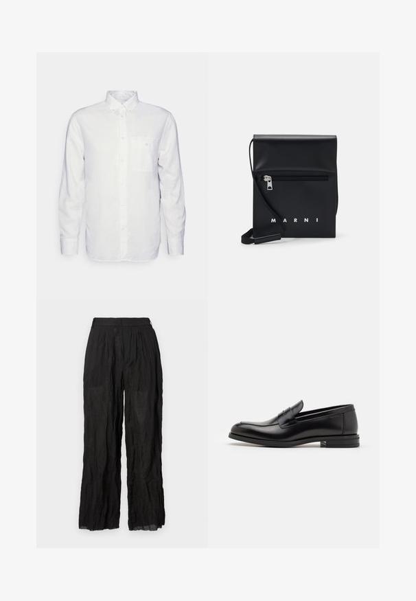Long-sleeve white shirt made of cotton, featuring a button-down collar, front pocket, and regular fit. Textured fabric with a smooth surface.; Black linen wide-leg trousers with a textured finish. Features an elastic waistband and subtle pleating.; Black leather loafers with a smooth texture, rounded toe, and a decorative strap across the vamp. Low stacked heel, minimalist design.; Black leather crossbody bag with a zippered front pocket, embossed logo, and adjustable strap. Smooth texture with a structured shape.