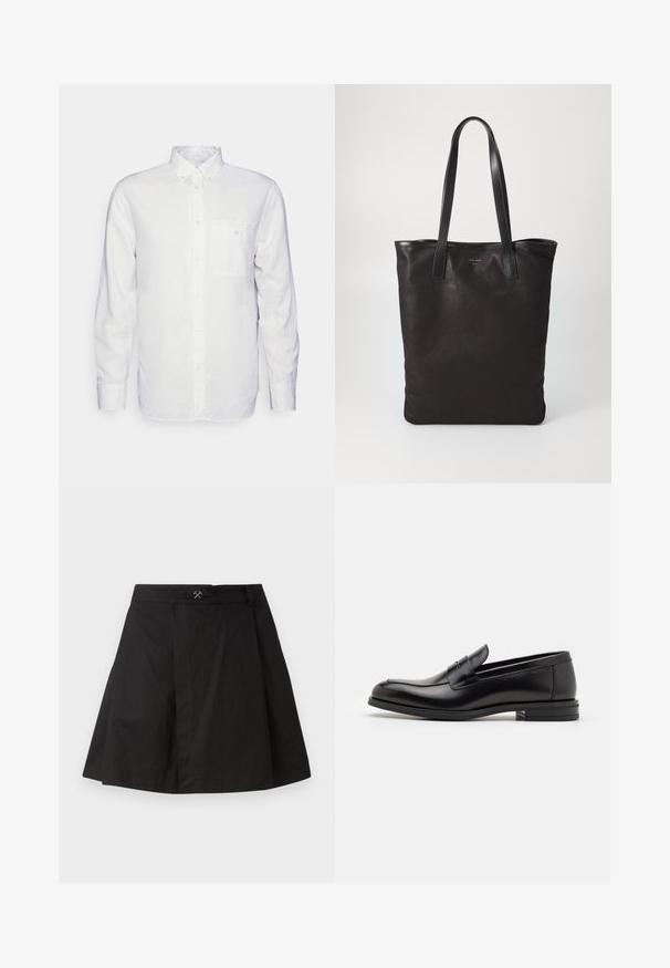 Chemise blanche à manches longues en coton, avec un col à rabat, une poche avant et une coupe régulière. Tissu texturé avec une surface lisse.; Jupe noire en forme de A en coton, dotée d'une taille avec un petit accent métallique, de détails plissés et d'un ourlet net.; Mocassins en cuir noir avec une texture lisse, bout rond et une sangle décorative sur le dessus. Talon bas empilé, design minimaliste.; Sac fourre-tout en toile noire avec des poignées en cuir noir. Design simple, corps spacieux et texture lisse. Pas de logos ou motifs visibles.