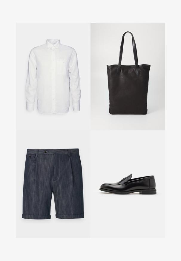 Hosszú ujjú fehér ing, pamutból készült, gombos gallérral, elülső zsebbel és normál szabással. Texturált anyag, sima felülettel.; Sötétkék, texturált anyagból készült nadrágshorts, hajtott szegéllyel, elülső redőzéssel és egyetlen gombbal ellátott derékrésszel.; Fekete bőr loaferek sima textúrával, kerek orral és dekoratív pánttal a vampnál. Alacsony, rétegelt sarkú, minimalista dizájn.; Fekete vászontáska fekete bőr füllel. Egyszerű dizájn, tágas test és sima textúra. Nincsenek látható logók vagy minták.