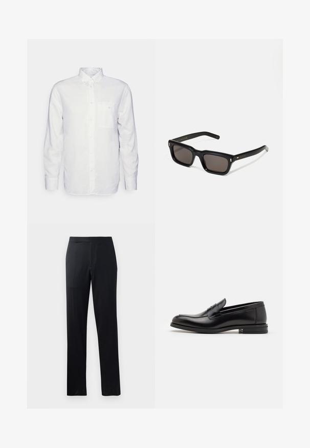 Camicia bianca a maniche lunghe realizzata in cotone, con colletto button-down, tasca frontale e vestibilità regolare. Tessuto testurizzato con una superficie liscia.; Pantaloni neri con un design a gamba dritta, caratterizzati da una texture liscia e una vita piatta, adatti per un abbigliamento formale o casual.; Mocassini neri in pelle con una texture liscia, punta arrotondata e una striscia decorativa sulla tomaia. Tacco basso impilato, design minimalista.; Occhiali da sole neri rettangolari con lenti scure, montatura spessa in plastica, dettagli dorati sulle tempie e logo del marchio inciso sull'asta.