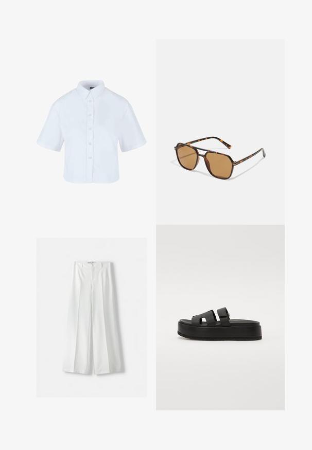Bela skrajšana srajca z gumbi in kratkimi rokavi, z klasičnim ovratnikom in gumbi z bisernim učinkom, izdelana iz gladkega materiala.; Bershka WIDE-LEG TAILORED - Hlače - white; Črne platform sandale z dvema širokima trakoma, narejene iz gladkega materiala. Imajo masiven podplat z teksturirano podlago za boljši oprijem.; Sončna očala rjave barve s okvirjem iz želve, pravokotnimi lečami in ozkimi ročaji z oranžno poudarjeno vzorcem.