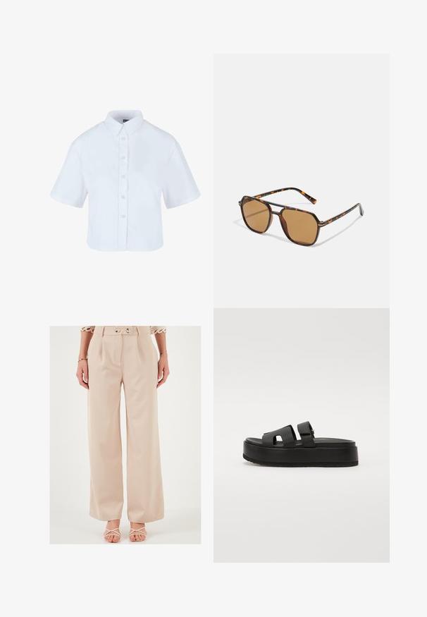 Camisa blanca corta de botonadura con mangas cortas, que presenta un cuello clásico y botones con efecto perla, fabricada en una tela suave.; Pantalones anchos beige con cintura alta, cierre de doble botón y parte frontal con pliegues. Hechos de una tela suave, con un diseño a medida.; Sandalias de plataforma negras con dos correas anchas, hechas de un material suave. Presentan una suela gruesa con un fondo texturizado para mayor agarre.; Gafas de sol con tintado marrón, montura de carey, lentes rectangulares y brazos delgados con un patrón de acento naranja.