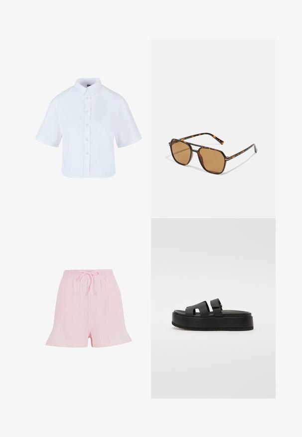 Bijela skraćena košulja s gumbima i kratkim rukavima, s klasičnom ovratnikom i dugmadi s bisernim efektom, izrađena od glatkog materijala.; Svijetloružičaste kratke hlače od teksturiranog materijala, s elastičnim pojasom i vezicom, te opuštenim, lepršavim krojem.; Crne platform sandale s dva široka remena, izrađene od glatkog materijala. Imaju deblji potplat s teksturiranim dnom za bolje prijanjanje.; Smešane smeđe sunčane naočale s okvirima od kornjačevine, pravokutnim staklima i tankim potezima sa narančastim uzorkom.