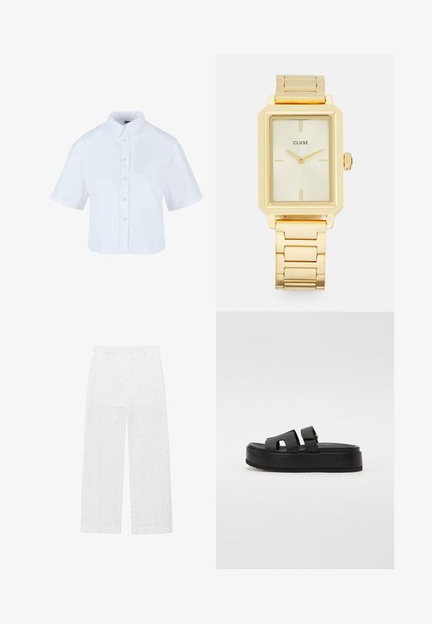 Weißes, kurzärmliges, tailliertes Hemd mit klassischem Kragen und Perlmuttknöpfen, gefertigt aus glattem Stoff.; Weiße weit geschnittene Hosen aus strukturiertem Stoff mit Augenlochmustern und quadratischen Motiven sowie runden Ausschnitten.; Schwarze Plateau-Sandalen mit zwei breiten Riemen, aus glattem Material. Verfügt über eine klobige Sohle mit einer strukturierten Unterseite für besseren Halt.; Goldfarbene rechteckige Armbanduhr mit minimalistischem Design, ausgestattet mit einem cremfarbenen Zifferblatt, goldenen Zeigern und einem Gliederarmband aus Metall. Die Markierungen umfassen den Markennamen.