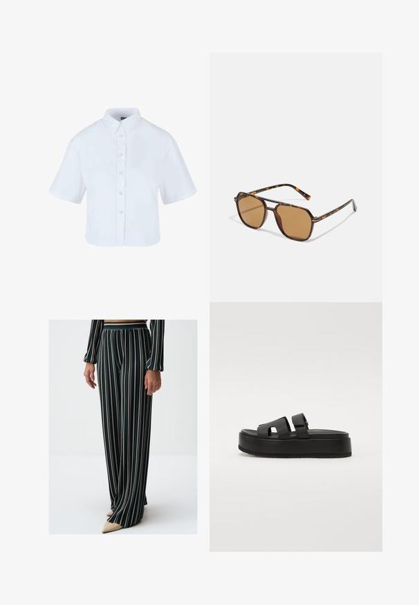Witte cropped button-up shirt met korte mouwen, met een klassiek kraag en parelachtige knopen, gemaakt van een gladde stof.; Wijd-uitlopende, gestreepte broek in donkergroen met verticale strepen in roze, crème en teal, met een elastische tailleband.; Zwarte platform sandalen met twee brede banden, gemaakt van glad materiaal. Bevat een chunky zool met een geprofileerde onderkant voor grip.; Bruine zonnebril met een schildpadframe, rechthoekige lenzen en slanke armen met een oranje accentpatroon.