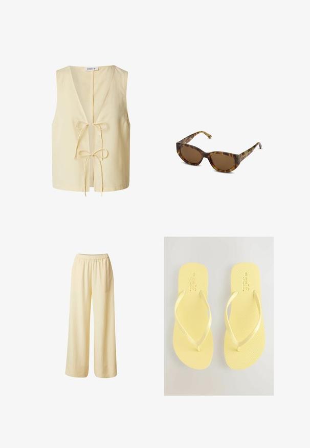 Yellow sleeveless top with a V-neck, featuring a front tie closure and lightweight fabric. Simple design with no patterns or accents.; Wide-leg trousers in a soft yellow fabric, featuring an elastic waistband and a smooth texture. No visible patterns or hardware details.; Yellow flip-flops with textured footbed and thin straps. Brand name "self." embossed on the top surface. Simple design and soft material.; Tortoiseshell sunglasses with a wide, angular frame and brown lenses. Features slender arms with a smooth, glossy finish.; Woven beige straw bag adorned with white circular shell accents, featuring a rounded shape and textured surface.