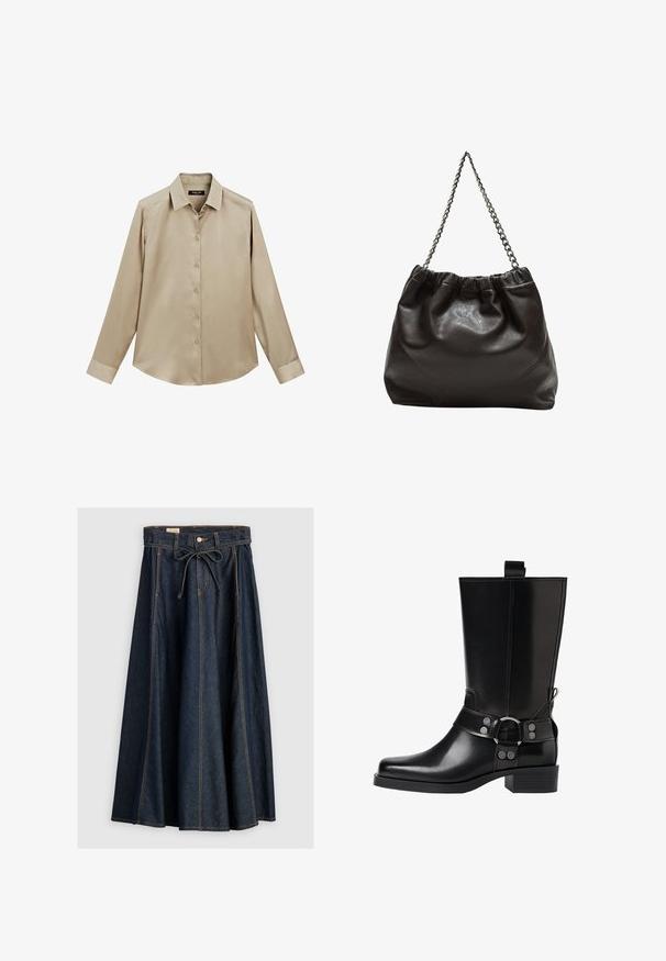 Beige långärmad skjorta med knappar, klassisk krage och manschetter, mjukt tyg och något rundad nederkant.; Levi's® XL SKIRT - Jeanskjol - square circle; Svart läderknähöga stövlar med spetsig tå, silverfärgade spännen och klumpig klack. Har en dragflik för enkel påtagning.; Brun läderväska med rynkad topp och kedjesnodd. Slät textur med en blankslipad yta och subtila sömdetaljer på sidorna.