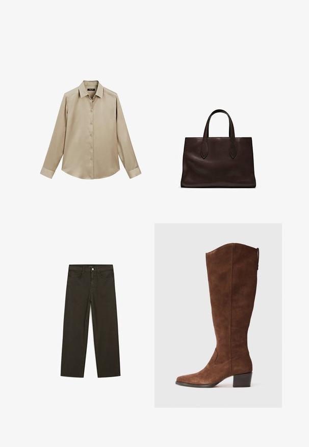Beige košile s dlouhým rukávem a knoflíky, klasického střihu s límečkem a manžetami, hladká tkanina a mírně zakulacený lem.; Tmavě zelené široké džínsy vyrobené z bavlněné směsi, s předním zapínáním na knoflík, pěti kapsami a klasickým denimovým stehem.; Hnědé semišové kozačky po kolena s špičatou špičkou a nízkým podpatkem. Mají hladký povrch a minimalistické prošívání.; Hnědá kožená taška přes rameno s dvěma dlouhými uchy, strukturální obdélníkový tvar, hladká textura a jemné švy.