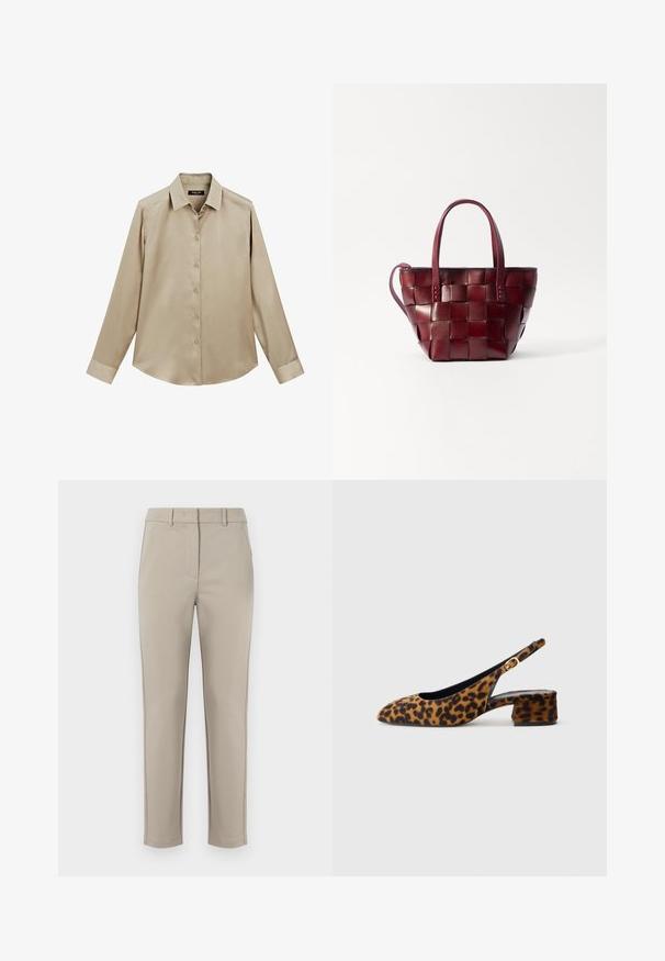 Beige långärmad skjorta med knappar, klassisk krage och manschetter, mjukt tyg och något rundad nederkant.; MM by MaxMara EFFETTO - Tygbyxor - sand; Damskor med leopardmönster och slingback-design, låg klack och guldspänne på sidostropp, visas i sidoprofil mot en enfärgad bakgrund.; Vävd burgunderfärgad läder tote-väska med två korta handtag och en avtagbar axelrem. Har en strukturerad form och slät textur.