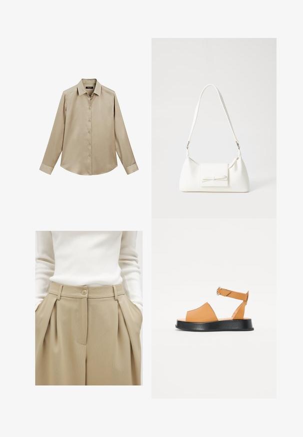 Beige Langarm-Hemd mit Knopfleiste, klassischem Kragen und Manschetten, glattem Stoff und leicht abgerundetem Saum.; NA-KD Stoffhose - khaki beige; Helle Leder-Sandale mit einer breiten Vorderseite, offener Zehenpartie, verstellbarem Riemen und einer dicken schwarzen Plattformsohle. Glatte Textur und minimalistisches Design.; Weiße synthetische Handtasche in dreieckiger Form, flache Vorderklappe und Schleifendetail, verstellbarer Trageriemen, glatte Textur und minimalistisches Design.