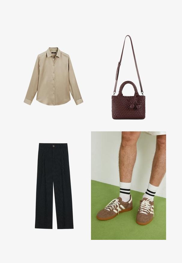 Beige overhemd met lange mouwen, knoopsluiting, klassieke kraag en manchetten, gladde stof en een iets afgeronde onderkant.; Zwarte pantalon met fijne strepen, gemaakt van gestructureerde stof. De broek heeft een sluiting met een knoop aan de voorkant en een geplooid ontwerp voor extra flair.; Bruine suède sneakers met witte accenten en veters. Rubberen gumzool. Draag met witte sokken met zwarte strepen. Groene gestructureerde vloer.; Gevlochten bruine leren handtas met een bovenhandvat en een verstelbare schouderband, met decoratieve franjes aan één kant.; Gouden oorbellen in de vorm van hoops met gladde, ronde hangers met een reflecterende afwerking, opgehangen aan een gestructureerde hoepel.