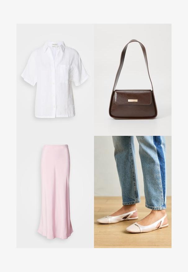 Camisa de linho branca de manga curta com fecho de botões, colarinho e um único bolso no peito. Apresenta um corte descontraído e uma textura subtil.; Saia maxi de cetim rosa com uma textura suave, cintura justa e uma ligeira evasé na bainha, apresentando um pequeno detalhe de botão decorativo.; Sapatilhas slingback de cor rosa pálido com bico fino, feitas de um material semelhante a couro liso. Apresentam detalhes recortados nas laterais e um salto plano.; Bolsa de ombro em couro castanho com uma forma estruturada, apresentando um fecho magnético e um detalhe metálico com o logótipo na frente.
