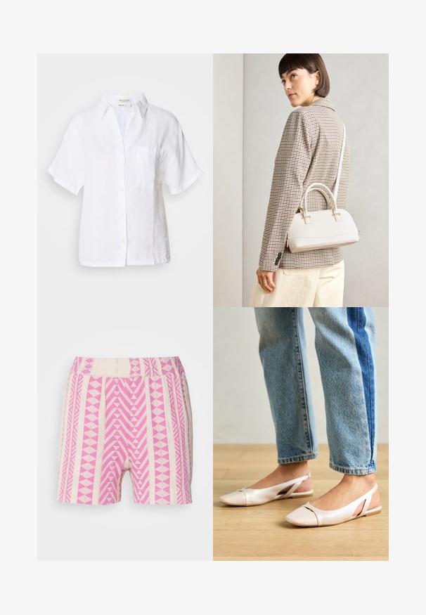 Balta trumpomis rankovėmis lininė marška su sagų uždarymu priekyje, kraštu ir vienintele krūtine kišene. Pasižymi laisvu siluetu ir subtilia tekstūra.; Rožinės ir grietinėlės spalvos šortai su geometriniais raštais. Puikuojasi tekstūruotu elastingu juosmeniu ir patogiu kirpimu.; Šviesiai rožiniai slingback baleto bateliai su smailiu pirštu, pagaminti iš lygios odai panašios medžiagos. Yra išpjovimų detalės šonuose ir plokščias kulnas.; Balta struktūruota rankinė su trumpomis rankenomis ir peties diržu, su auksinėmis detalėmis ir tekstūruota medžiaga, pastatyta prieš pilką foną.