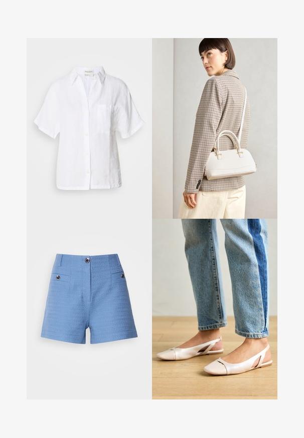 Fehér, rövid ujjú lening ing gombos elülső résszel, gallérral és egyetlen mellzsebbel. Lazább fazonú és finom textúrájú.; Kék szőtt rövidnadrág, magas derékkal, két elülső zsebbel és díszes gombdíszítéssel. Texturált anyag sima felülettel.; Világos rózsaszín slingback laposlábú cipők, hegyes orral, sima bőrhatású anyagból készült. Oldalt kivágott részletek találhatók rajta, valamint lapos sarkú.; Fehér, strukturált kézitáska rövid füllel és vállpánttal, arany színű fém kiegészítőkkel és texturált anyagból, szürke háttér előtt bemutatva.