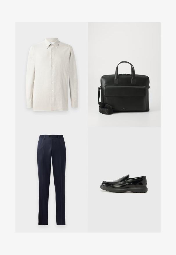 Chemise beige clair à manches longues en lin, dotée d'un col pointu, d'une fermeture à boutons complète et d'une texture lisse et subtile.; Pantalon bleu marine avec une coupe droite, taille élastique, devant plat et fermeture à un bouton. Tissu lisse.; Mocassin en cuir noir avec une finition brillante, bout arrondi, détails de couture subtils et semelle en caoutchouc épaisse pour la durabilité.; Malette en cuir noir avec des poignées supérieures doubles, une poche avant et une bandoulière amovible, arborant un logo discret en bas.