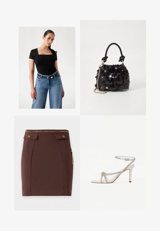Frau mit dunklem Haar im Pferdeschwanz trägt ein schwarzes Top mit quadratischem Ausschnitt, hellblaue hochgeschnittene Jeans und einen schwarzen Gürtel mit silberner Schnalle.; Brauner, taillierter Minirock mit goldener Kettengürtelschnalle, dekorativen geknöpften Klappen und goldenen Quasten-Details auf einem schlichten Hintergrund.; Weiße High-Heel-Sandale mit einem strukturierten Riemen, der mit Strasssteinen verziert ist, offener Zehenbereich und Knöchelriemen mit verstellbarer Schnalle.; Schwarze Pailletten-Mini-Handtasche mit einem geknoteten, strukturierten Tragegurt und einer silbernen Kette. Abgerundete Form mit gerafftem oberen Teil und reflektierenden Details.