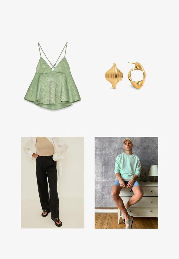 Hellgrünes, strukturiertes Top mit schwingendem Saum, verstellbaren, überkreuzten Trägern und V-Ausschnitt. Verfügt über ein dezentes Muster.; Schwarze, hochtaillierte, weit geschnittene Hosen aus leichtem Stoff, mit vorderen Falten und glatter Textur. Kombiniert mit einfachen schwarzen Flip-Flops.; Mintgrüner Sweatshirt, Jeansshorts und olivgrüne Slipper. Sitzt auf einer hellen Kommode vor einer strukturierten grauen Wand.; Goldene Ohrringe mit spiralförmigem Design, die eine geriffelte Textur und eine offene Hufeisenform aufweisen. Die Oberfläche ist glänzend und reflektierend.