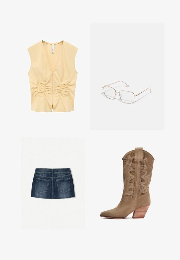 Žlutý bezramenný top s výstřihem do V, který má podél přední části nařasené detaily pro texturu. Hladká tkanina s přiléhavým střihem.; Džínová mini sukně s tmavě modrým odstínem, pěti kapsami, roztrhaným lemem a úzkým střihem s plochým pasem.; Cesare Gaspari Kovbojské/motorkářské kozačky - beige; Obdélníkové brýle s tenkými kovovými rámy v růžově zlaté barvě. Skla jsou průhledná a nožičky jsou štíhlé s jemným detailem pantů.