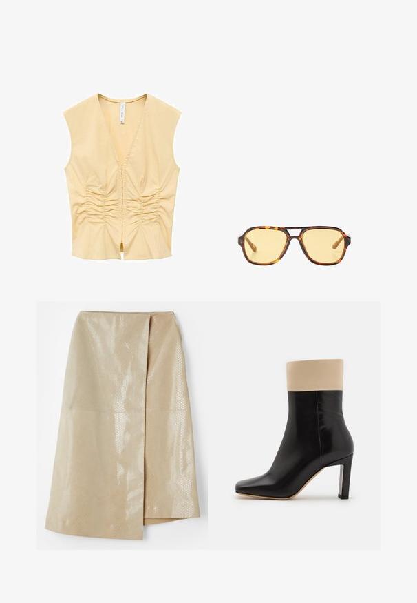 Yellow sleeveless top with a V-neck, featuring gathered detailing along the front for texture. Smooth fabric with a fitted silhouette.; Beige faux leather skirt with a glossy, textured snake-skin pattern; features a wrap design and a side slit for added detail.; Black leather ankle boot with cream accent at the top, pointed toe, and a high, silver-accented heel. Smooth texture with no visible patterns.; Tortoiseshell sunglasses with a geometric design, yellow lenses, and metal accents on the temples. Wide frame and matte texture.; PULL&BEAR SHOULDER - Tote bag - beige