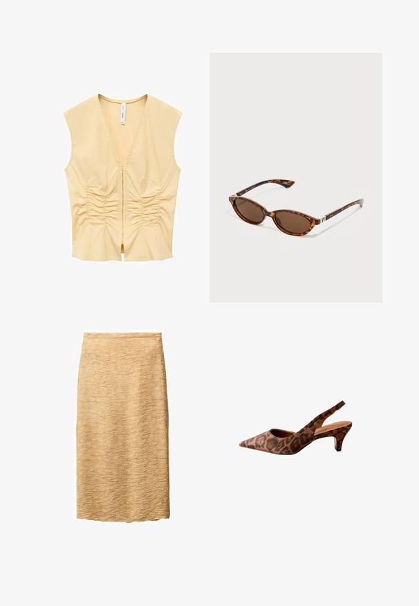Top sans manches jaune avec un décolleté en V, présentant des détails froncés à l'avant pour apporter de la texture. Tissu lisse avec une silhouette ajustée.; Jupe crayon beige avec une surface texturée, présentant un motif de vagues subtil. Longueur genou et fabriquée à partir d'un tissu léger.; Talons slingbacks en imprimé léopard avec un bout pointu, un petit talon et une texture lisse. Présente un design découpé sur les côtés et à l'arrière.; Lunettes de soleil en écaille de tortue avec des verres ovales, en verre teinté brun, des branches fines et des accents en métal doré près des charnières.; Sac à main en cuir verni jaune, de forme arrondie, avec une seule poignée supérieure et une plaque logo en argent. Il dispose d'une fermeture à glissière et d'une texture lisse.