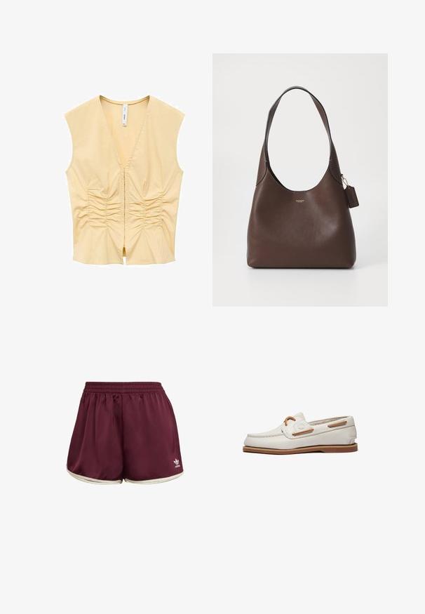 Keltainen hihaton paita V-pääntiellä, etuosassa on ryppyjä tekstuurin luomiseksi. Sujuva kangas, joka on lähellä vartaloa.; adidas Originals SPRINTER - Shortsit - maroon cream white; Valkoinen nahkainen venekenkä, jossa on sileä pinta, tan-väriä korostavia yksityiskohtia, nauhakiinnitys ja kumipohja. Minimalistinen muotoilu, jossa on huomaamaton tikkaus.; COACH BROOKLYN SHOULDER BAG - Käsilaukku - brown