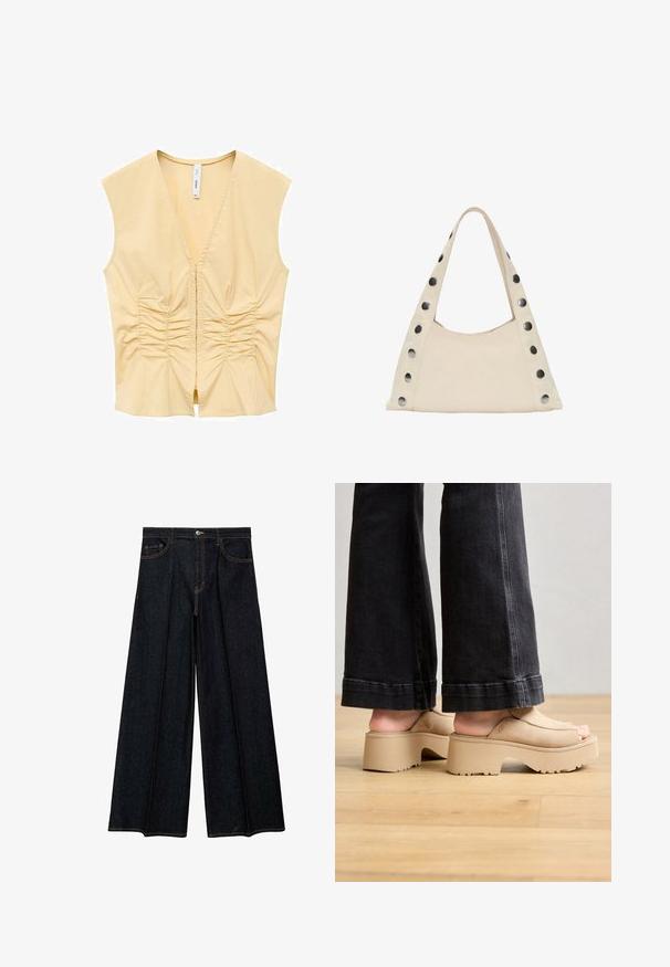 Top sans manches jaune avec un décolleté en V, présentant des détails froncés à l'avant pour apporter de la texture. Tissu lisse avec une silhouette ajustée.; Jeans à jambes larges en denim foncé, avec une taille haute, des poches avant et des coutures contrastées. Texture lisse avec une finition soignée.; Sandales à plateforme beiges avec un dessus en daim lisse, design ouvert au niveau des orteils, semelle épaisse et marqué discret, assorties à un jeans foncé évasé.; PULL&BEAR SHOULDER  - Cabas - beige