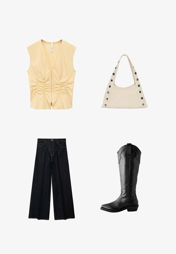 Keltainen hihaton paita V-pääntiellä, etuosassa on ryppyjä tekstuurin luomiseksi. Sujuva kangas, joka on lähellä vartaloa.; Farkkuhousut leveillä lahkeilla tummassa deninissä, joissa on korkea vyötärö, etutaskut ja erottuva ompelu. Sileä pinta ja huoliteltu viimeistely.; Mustat nahkasaappaat, jotka ulottuvat polviin, ovat kärjeltään terävät, koristeelliset ompeleet, ylhäällä vetoketju sekä paksut korkot. Pintamateriaali on sileä.; PULL&BEAR SHOULDER - Shopping bag - beige