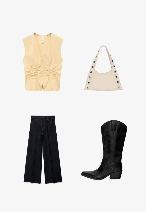 Gul ärmlös topp med V-ringning, med rynkdetaljer längs framsidan för textur. Slät tyg med en figurnära silhuett.; Bredbenade jeans i mörk denim, med hög midja, framfickor och kontrasterande sömmar. Slät textur med skräddarsydd finish.; Svarta lädercowboyboots med spetsig tå, medelhög klack, dekorativ sömnad och dragflik för enkel påtagning. Slät textur och hög skoning.; PULL&BEAR SHOULDER - Shoppingväska - beige