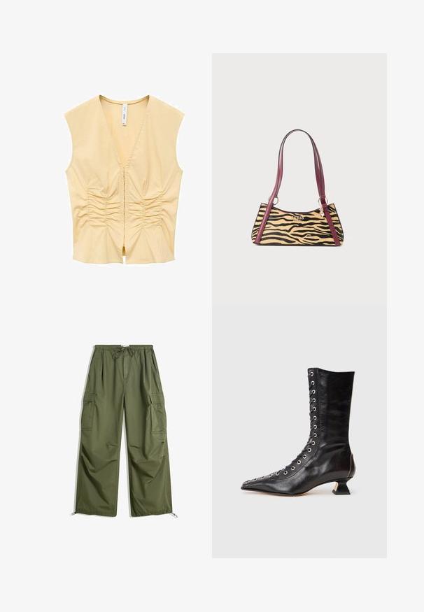 Żółta bezrękawnikowa bluzka z dekoltem w kształcie V, z marszczeniami z przodu dla uzyskania tekstury. Gładki materiał z dopasowanym fasonem.; Zielone cargo z elastycznym pasem, sznurkiem, bocznymi kieszeniami z klapką i regulowanymi nogawkami, ułożone na płasko na białym tle.; Czarne skórzane botki za kostkę z ostrym noskiem, sznurowaniem z przodu, metalowymi oczkami, niskim obcasem w kształcie bloku oraz eleganckim designem. Gładka tekstura, nowoczesna sylwetka.; Mała torebka w wzór tygrysa, bordowe skórzane paski, złoty logo Guess oraz zawieszka wisząca na pierścieniu paska.