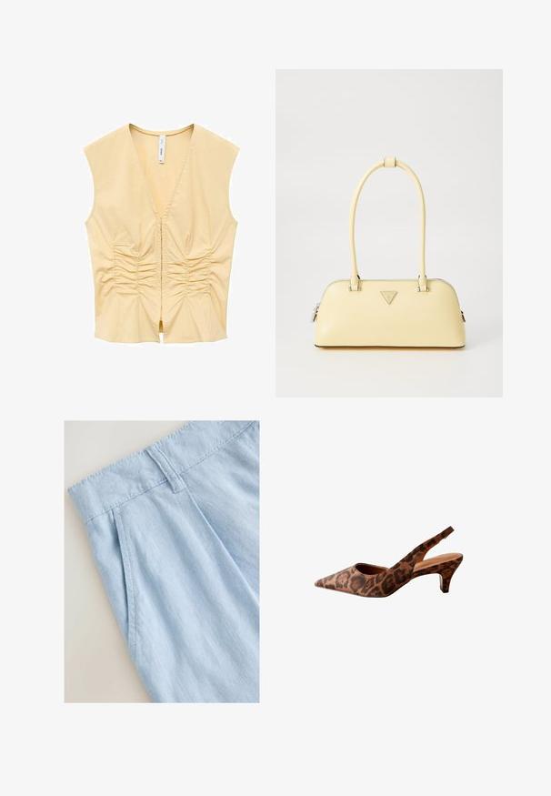 Rumena brezrokavnika z V-izrezom, ki ima naborke spredaj za teksturo. Gladek material v oprijetem kroju.; Svetlo modri laneni šorts s pregibnim dizajnom, ki ima pas in detajle šivanja. Gladka tekstura in sproščen stil.; Leopardji vzorec zavezne petke z ostrim nosom, nizko peto in gladko teksturo. Imajo izrezane oblikovne elemente na straneh in zadnjem delu.; Rumena usnjena torbica z patentiranim zaključkom v zaobljeni obliki, enojnim zgornjim ročajem in srebrno logotipno ploščico. Ima zadrgo in gladko teksturo.