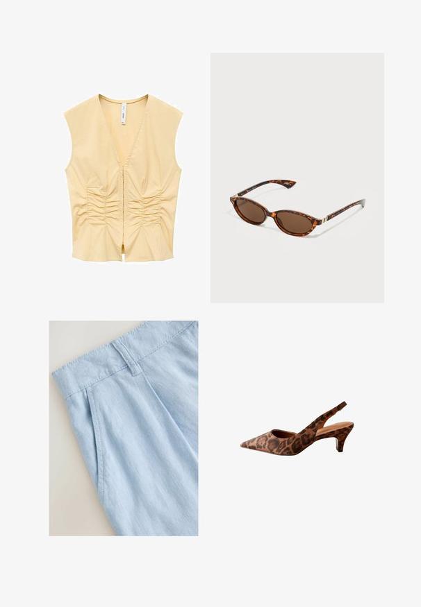 Top sin mangas amarillo con escote en V, que presenta detalles fruncidos en la parte delantera para añadir textura. Tejido suave con silueta ajustada.; Pantalones cortos de lino azul claro con un diseño con pliegues, que cuentan con una cintura y detalles de costura. Textura suave y estilo casual.; Zapatos de tacón con estampado de leopardo, tipo slingback, con punta afilada, tacón bajo y textura suave. Presentan un diseño con cortes en los lados y en la parte trasera.; Gafas de sol carey con lentes ovalados, cristal ahumado marrón, varillas delgadas y acentos metálicos en tono dorado cerca de las bisagras.; Bolso de mano de charol amarillo con forma redondeada, un asa superior y una placa de logo plateada. Presenta un cierre de cremallera y una textura suave.