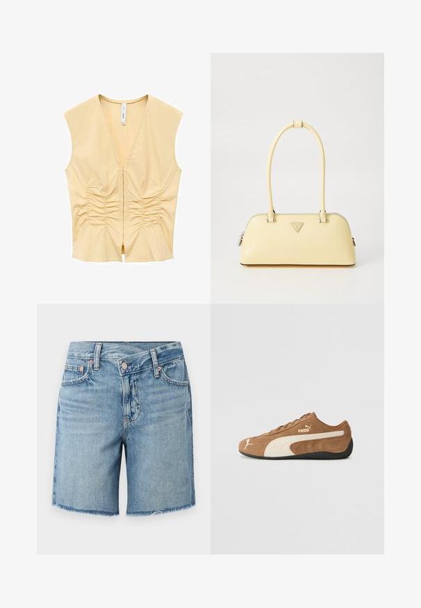 Top sin mangas amarillo con escote en V, que presenta detalles fruncidos en la parte delantera para añadir textura. Tejido suave con silueta ajustada.; Shorts de mezclilla azul claro con dobladillo deshilachado, diseño de cinco bolsillos y cierre de botón clásico, con un ligero desvanecimiento y costuras de contraste.; Zapatilla baja de ante marrón con acentos crema, superficie texturizada, suela de goma negra y logotipo bordado en el costado y en la lengüeta.; Bolso de mano de charol amarillo con forma redondeada, un asa superior y una placa de logo plateada. Presenta un cierre de cremallera y una textura suave.