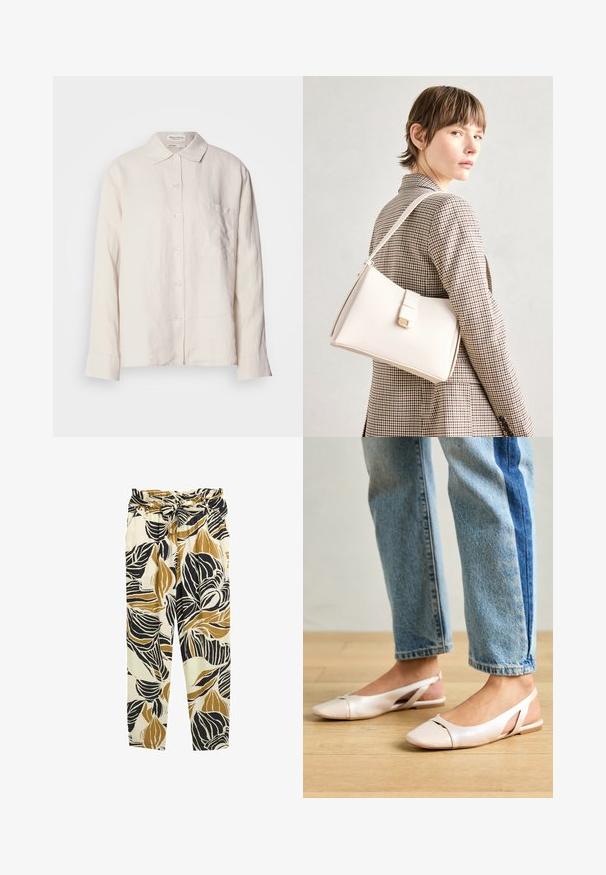 Lichtbeige linnen overhemd met een kraag, lange mouwen en knoopsluiting, voorzien van een enkele borstzak en een ontspannen pasvorm.; Bloemmotiefbroek met zwart, goud en crème kleuren. Gemaakt van lichtgewicht stof met een riem in de taille en taps toelopende benen.; Zachtroze slingback ballerina's met een spitse neus, gemaakt van een glad leerachtig materiaal. Bevat uitsnijdingen aan de zijkanten en heeft een platte hak.; Witte leren handtas met een gestructureerd ontwerp, voorzien van een magneetsluiting en een schouderriem, tentoongesteld tegen een neutrale achtergrond.