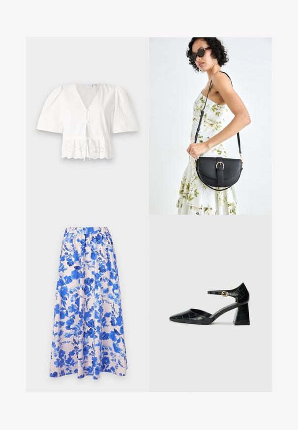 Bluză albă, cu mânecă scurtă și decolteu în V, cu nasturi pe față și talie ajustabilă cu șnur. Dispune de dantelă la margine, cu tipare florale decupate.; Fustă maxi florală cu un fundal roz și modele florale în stil acuarelă, albastre; talie elastică; material fluid.; Pantofii negri din piele lăcuită cu toc înalt, vârf ascuțit, curea la gleznă și model texturat de crocodil. Design cu toc pătrat.; Geantă din piele neagră, cu o formă curbată, curea detașabilă și accesorii aurii. Geanta are un capac cu un detaliu tip cataramă.