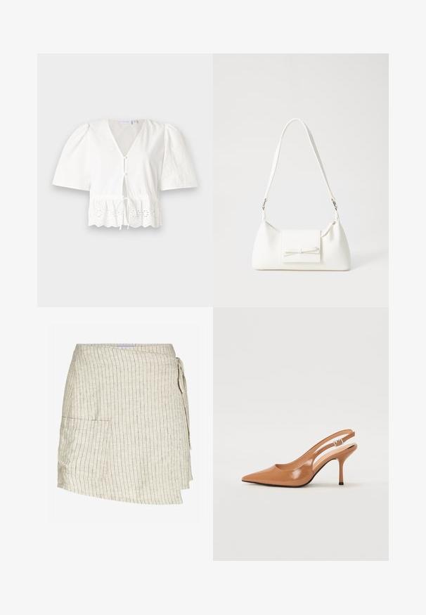 Balta, trumpa rankovėmis bluzonė su V formos iškirpte, priekyje mygtukai ir raišteliu reguliuojama juosmens linija. Akcentuota nėriniuotas apvadu su išpjovomis gėlių raštais hem.; Bežinė apvyniota sijonas su vertikaliomis juostelėmis. Turi šoninę kišenę, tekstūruotą audinį ir reguliuojamą raištelį juosmens srityje.; Pailgų smailiu pirštu slingback kulnas, pagamintas iš lygaus, blizgaus rudos spalvos medžiagos. Yra kreivų išpjovimų dizainas ir lieknas stiletto kulnas. Sidabrinė sagtis.; Balta sintetinė rankinė trikampio formos, plokščiu priekiu su užsegimu, kaspino detale, reguliuojama dirželiu, lygia tekstūra ir minimalistišku dizainu.