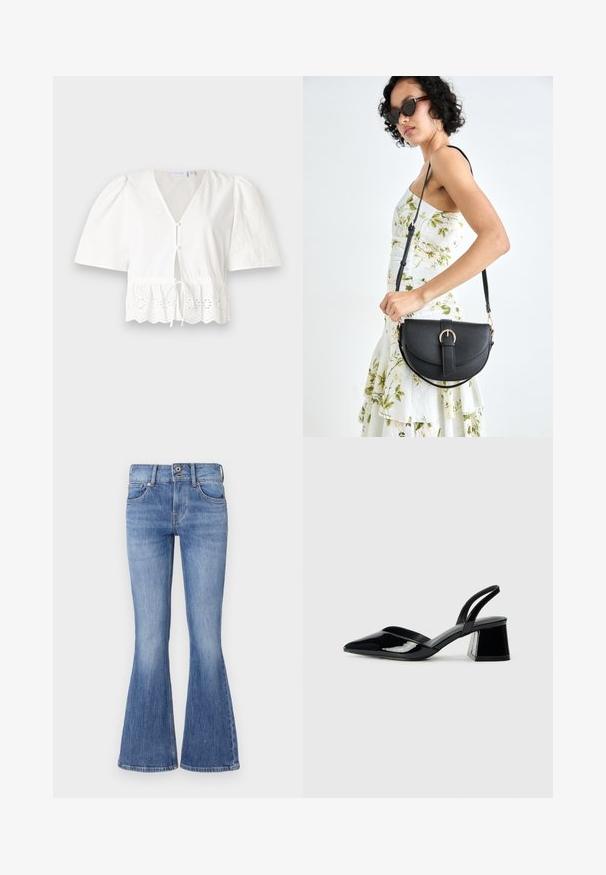 Balta īsā piedurkņu blūze ar V-veida kakla izgriezumu, priekšējiem podziņām un aukliņu viduklī. Ar mežģīņu apdari un izgrieztiem ziedu motīviem apakšmalā.; Izplūduši zili džinsi ar vidēju jostas augstumu, piecām kabatām un gaismas mazgāšanu. Iezīmē vieglu izbalēšanu un kontrastējošu šuvju apdari.; Melna lakota āda ar atvērto papēdi, ar smailu purngalu un ģeometrisku blokpapēdi. Iezīmējas elegants, minimāls dizains un gluda tekstūra.; Melnas ādas rokassoma ar izliekta formu, noņemamu siksnu un zelta aksesuāriem. Somai ir vāciņš ar sprādzes detaļu.