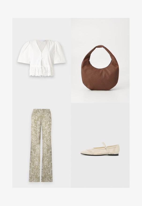 Balta, trumpa rankovėmis bluzonė su V formos iškirpte, priekyje mygtukai ir raišteliu reguliuojama juosmens linija. Akcentuota nėriniuotas apvadu su išpjovomis gėlių raštais hem.; Šviesiai žali flared kelnės su baltais gėlių raštais. Turi elastinę juosmenį ir tekstūruotą paviršių.; Kreminės baleto bateliai su smailiu pirštu, tinklelio dizaino uždanga ir šonine sagtimi. Lygus padas su sklandžiu paviršiumi.; Rudas pintas rankinė su apvalia forma, turinti vieną paminkštintą rankeną ir tekstūruotą paviršių. Nėra matomų metalinių detalių ar akcentų.