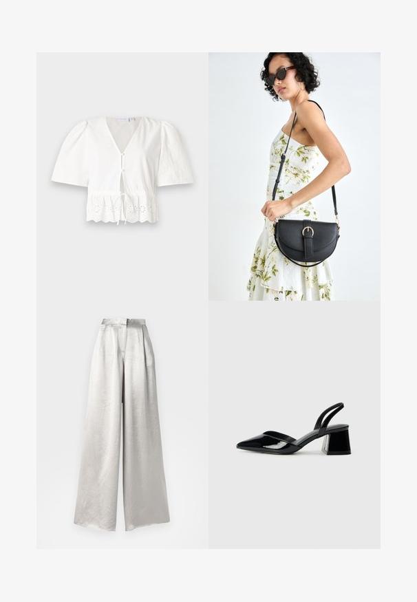Fehér, rövid ujjú blúz V-nyakkal, elöl gombokkal és húzózsinóros derékkal. Csipke díszítéssel rendelkezik, a szegélye pedig kivágott virágmintákkal van díszítve.; Ezüst, bő szárú nadrág gyűrt textúrájú anyagból, magas derékkal és hátsó cipzárral.; Fekete lakk bőr szandálkés magas sarkú cipő, hegyes orral és geometrikus tömbsarkakkal. Karcsú, minimalista dizájn és sima textúra jellemzi.; Fekete bőrtáska ívelt formával, levehető pánttal és arany színű fémrészekkel. A táskán egy csattal díszített fedél található.