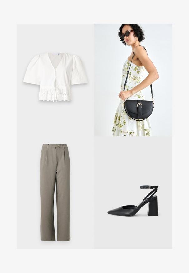 White, short-sleeve blouse with a V-neck, front buttons, and drawstring waist. Features lace trim with cutout floral patterns at the hem.; Light gray wide-leg trousers with a smooth texture, featuring front pleats, a button closure, and two side pockets.; Black leather pointy-toe pump with an ankle strap and a chunky heel. Flat texture, sleek design, and minimalistic aesthetics.; Black leather handbag with a curved shape, detachable strap, and gold hardware. The bag features a flap with a buckle detail.