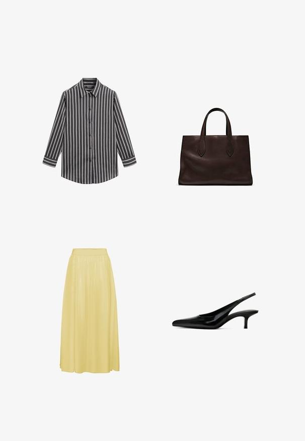 Zwart-wit gestreept overhemd met lange mouwen, een klassieke kraag en een rechte zoom. De strepen zijn gelijkmatig verdeeld en voornamelijk verticaal.; Gele, enkellange rok van soepel, lichtgewicht stof. Heeft een elastische tailleband en een vloeiende pasvorm met een subtiele glans.; Zwarte slingback schoen met puntige neus, afgewerkt in glanzend leer en met een dunne, lage hak. Bevat een uitsnede aan de zijkant voor ademend vermogen.; Bruine leren tote bag met twee verlengde handvatten, gestructureerde rechthoekige vorm, gladde textuur en subtiele stiksels.