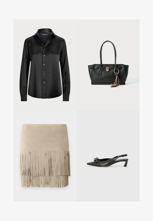 Camisa preta de manga longa em tecido suave, com fecho frontal com botões, colarinho pontiagudo e ajuste personalizado com bainha arredondada.; Saia mini de camurça bege com bainha de franjas. Textura suave com franjas de comprimentos uniformes ao longo da borda inferior. Design clássico.; Sandal com correia preta em pele, com bico fino, pequeno salto e detalhe de fivela decorativa na parte superior. Textura suave, design minimalista.; Bolsa de pele preta com alças duplas, fecho dourado e detalhe em corrente, além de um acessório de tassel preto e branco, contra um fundo branco.