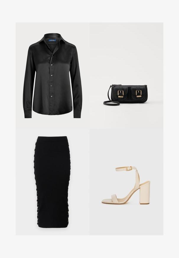 Black long-sleeve shirt in smooth fabric, featuring a button-down front, pointed collar, and tailored fit with a rounded hem.; Black ribbed knit pencil skirt with a fitted silhouette. Features decorative eyelet and gold-tone hardware along the side.; Beige high-heeled sandal with a square toe, thin ankle strap, and block heel. Smooth leather texture with a gold buckle detail.; Black leather crossbody bag with two front pockets, gold buckles, zipper closure, and a slim strap. Textured surface and compact rectangular shape.