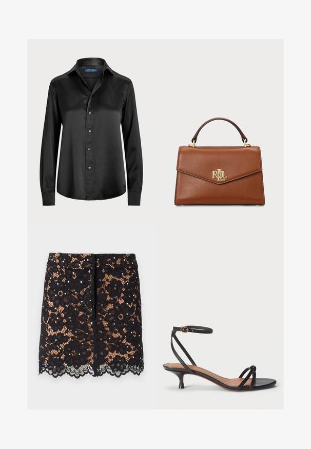 Sort langærmet skjorte i glat stof med knaplukning foran, spids krave og skræddersyet pasform med en afrundet kant.; Sort blonderet nederdel med blomster mønstre, dekorative rhinsten, bølget kant og tætsiddende design. Hængende i midt-lår længde.; Polo Ralph Lauren LEATHER KITTEN-HEEL SANDAL - Pumps - black; Brun læderhåndtaske med en struktureret design, et topgreb, guldfarvet hardware og et logoaccent på forsiden. Glat tekstur.