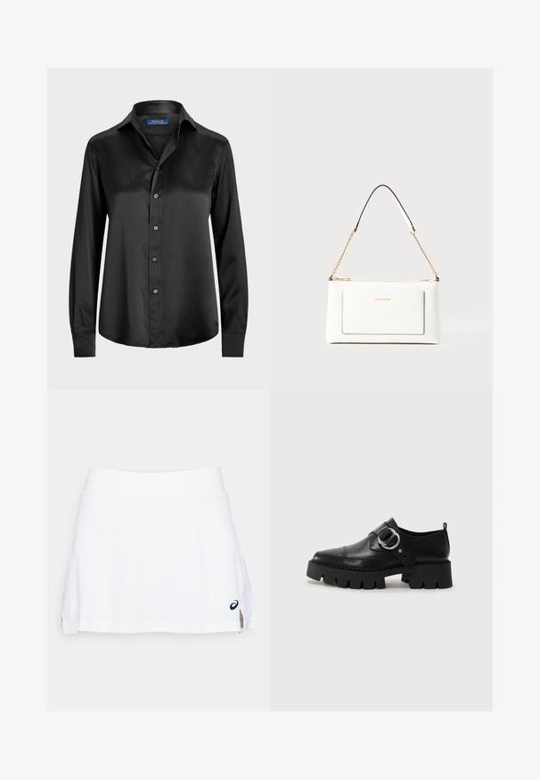 Camisa preta de manga longa em tecido suave, com fecho frontal com botões, colarinho pontiagudo e ajuste personalizado com bainha arredondada.; Saia atlética branca com uma textura suave, design em A e uma cintura flexível. Apresenta fendas laterais e um pequeno logótipo em destaque.; Sapatos pretos de couro com sola grossa e estriada, apresentando um detalhe em hardware prateado circular e costura mínima.; Bolsa de mão branca em couro com acabamento texturizado, featuring a corrente dourada e detalhes pretos. Inclui um bolso frontal e fecho com zipper.