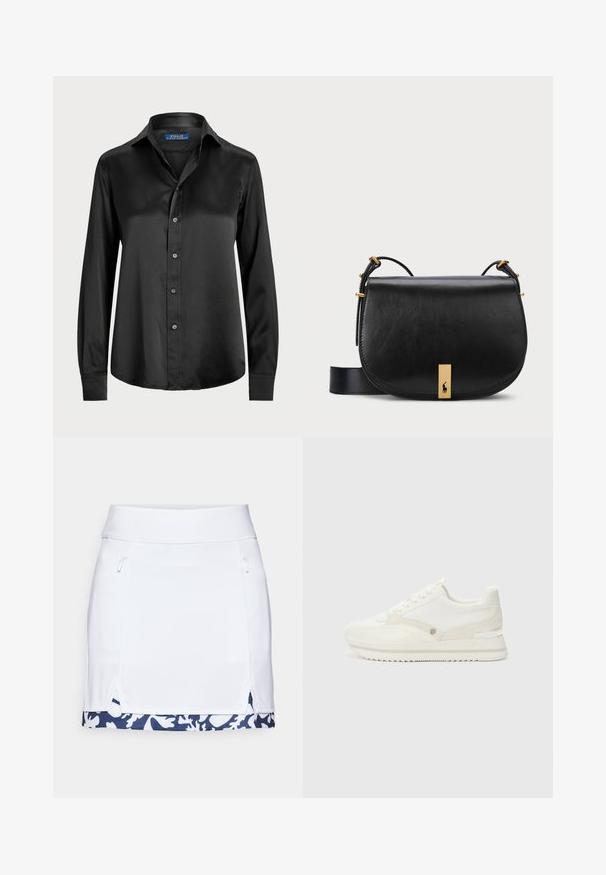 Melna garām piedurknēm krekls gludā audumā, ar pogu aizdari priekšā, izteiktu apkakli un pieguļošu piegriezumu ar noapaļotu apakšu.; Baltas sporta svārki ar gludu tekstūru, ar sānu kabatām, kas aizveras ar rāvējslēdzēja palīdzību, un tumszilas ziedu raksts apakšmalā.; Baltas sporta apavi ar gludu un teksturētu materiālu maisījumu, kas pārī ir diskrēts logo, auklu dizains un zigzaga zole.; Melnas ādas crossbody soma ar zelta toņa metāla akcentu un regulējamu siksnu, kurai ir gluda tekstūra un izliekta forma.