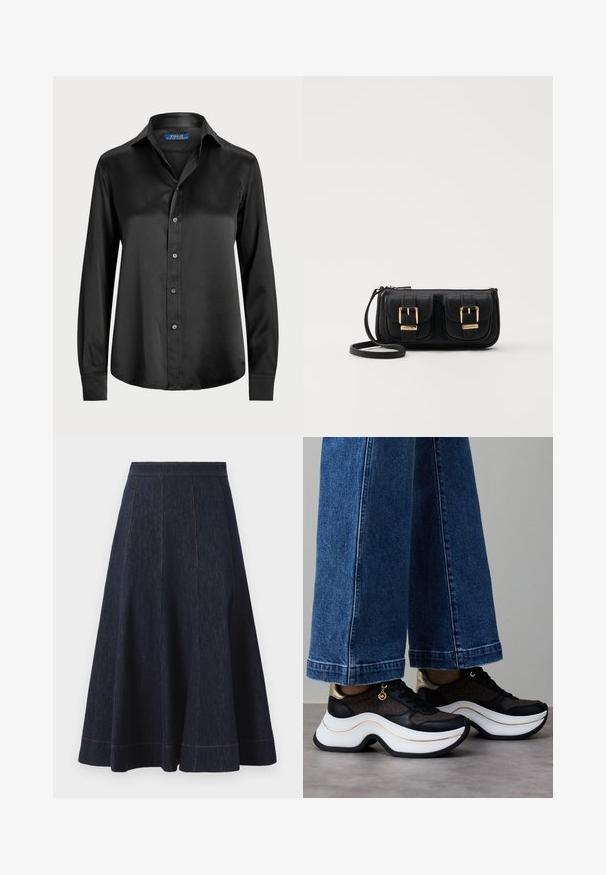 Zwarte longmouwen shirt van soepele stof, met een knoopsluiting aan de voorkant, puntige kraag en een getailleerde pasvorm met een ronde zoom.; Donkerblauwe spijkerrok met een flared silhouet, met verticale naaddetails en contrasterende oranje stiksels langs de zoom.; Zwart-gouden sneakers met een gebogen witte zool. Gestructureerde stof met logodetails. Gecombineerd met brede blauwe spijkerbroek.; Zwarte leren schoudertas met twee vo pockets, gouden gespen, ritsluiting en een smalle band. Tekstuur oppervlak en compacte rechthoekige vorm.